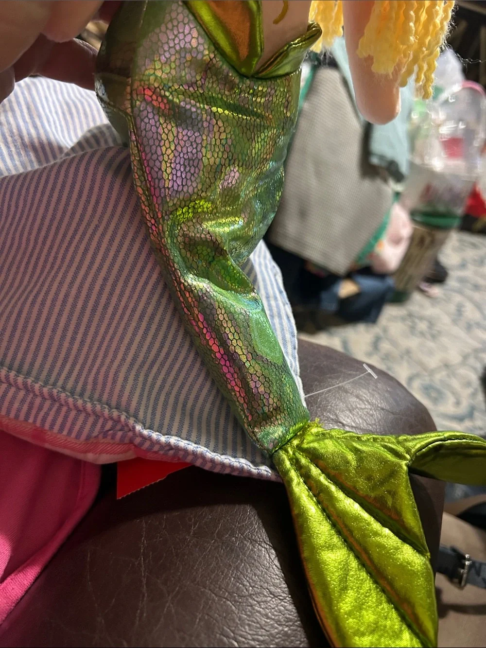 Big glassy eyes and Green scale legs and hat MERMAID doll. EUC